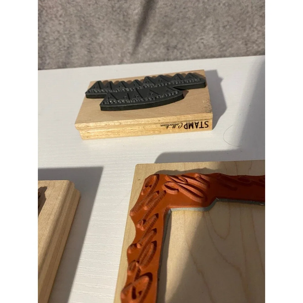 3pc Wood Rubber Stamp Lot DeNami Christmas Frame American Crafts Happy Birthday